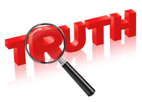 3D Red Word "Truth" with magnifying glass.