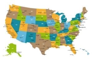 Colored map of the United States with names of states and big cities on it.