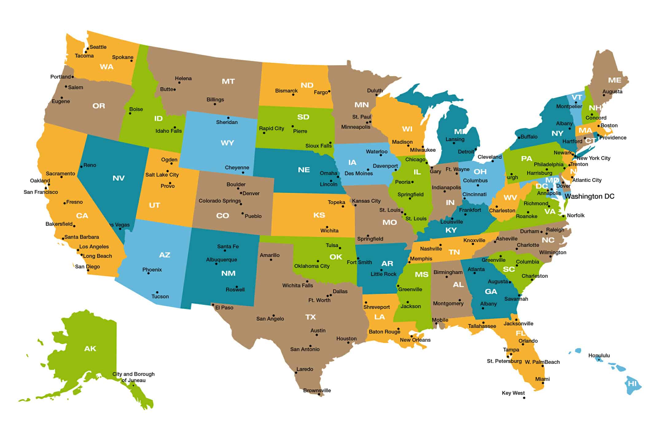 Colored map of the United States with names of states and big cities on it.
