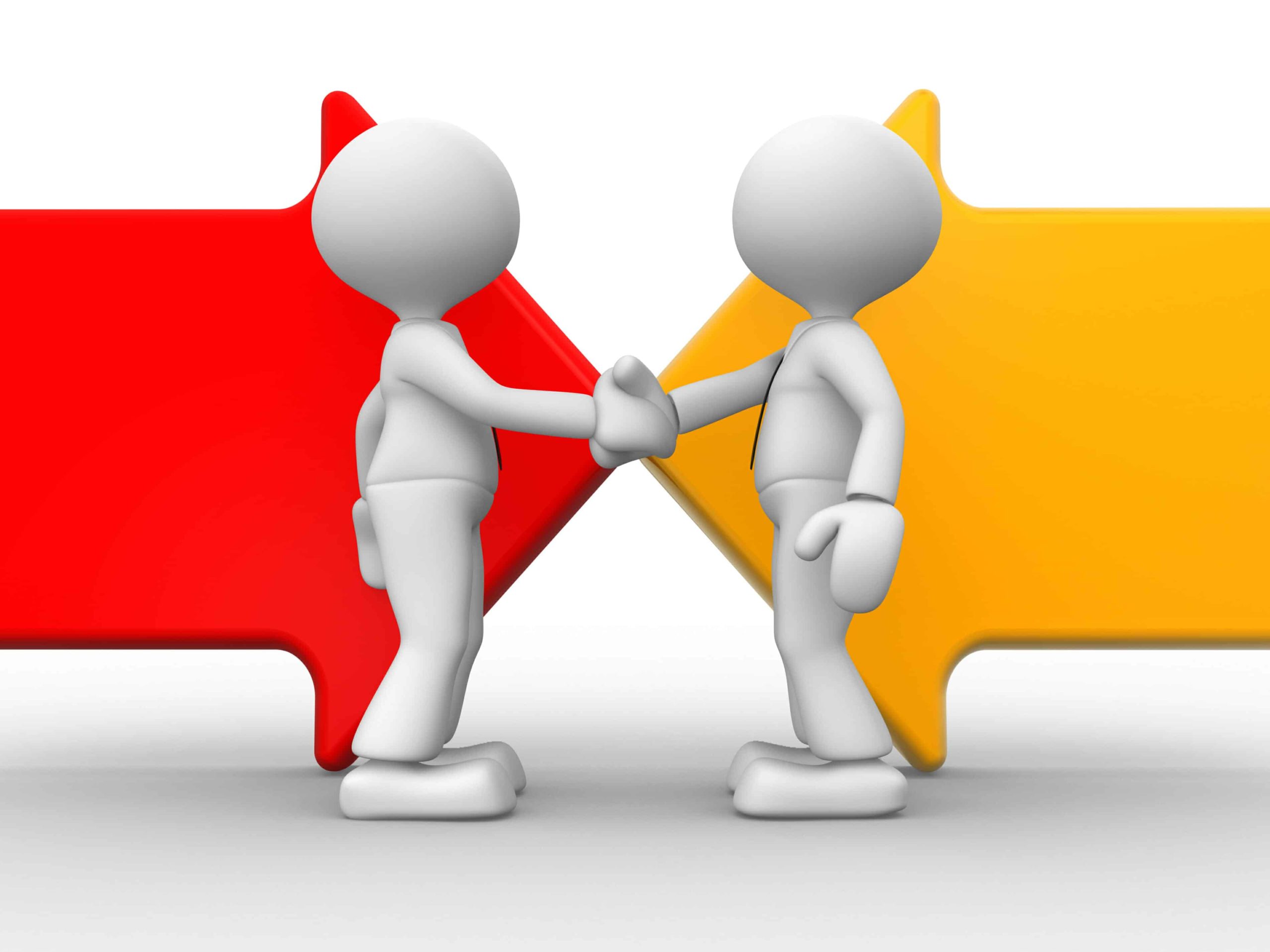 Two figures shaking hands. Red and yellow arrows point to each other in the background.