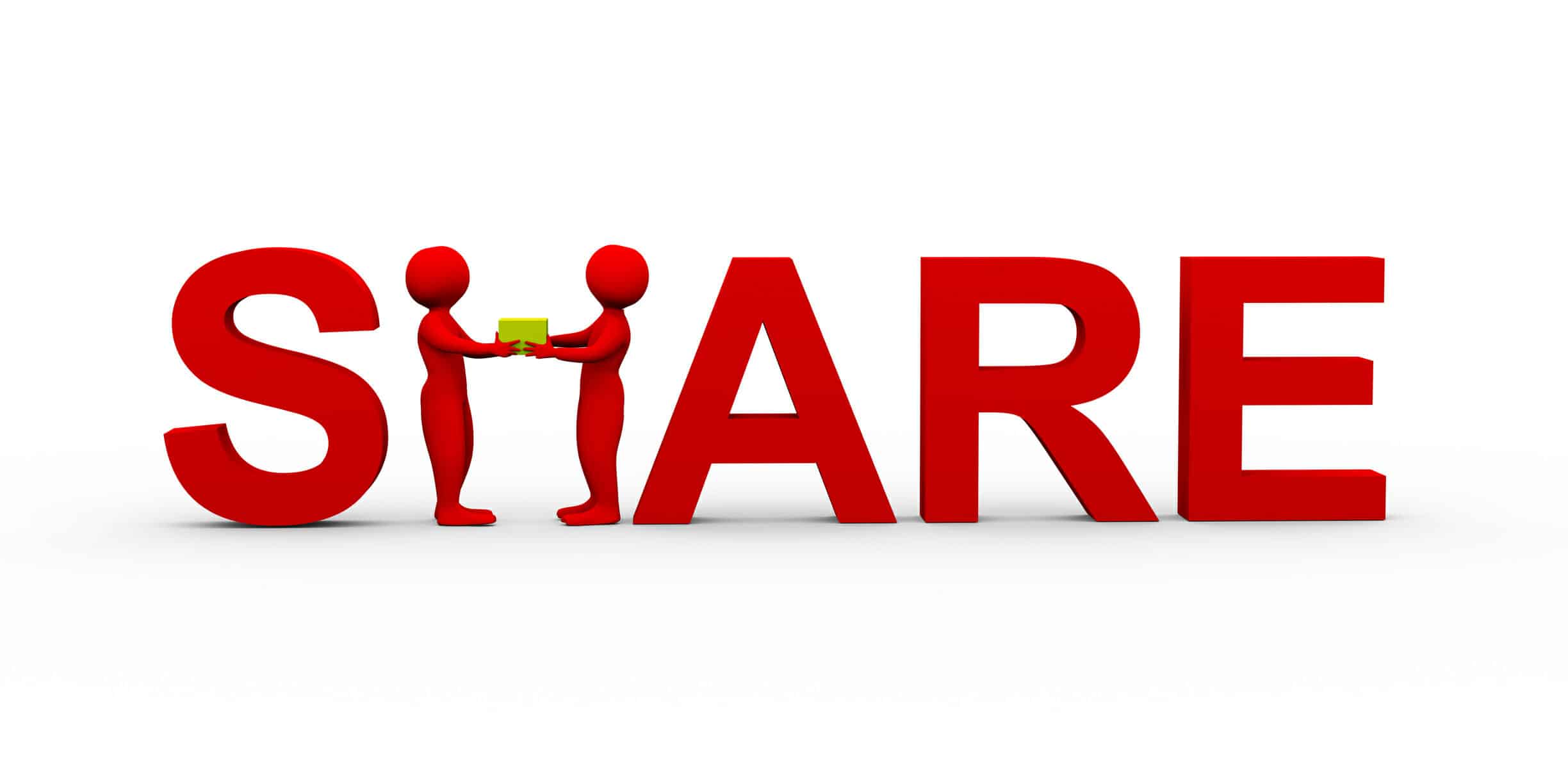 Red 3d Word "Share" with the "h" being formed by two figures both holding a box.