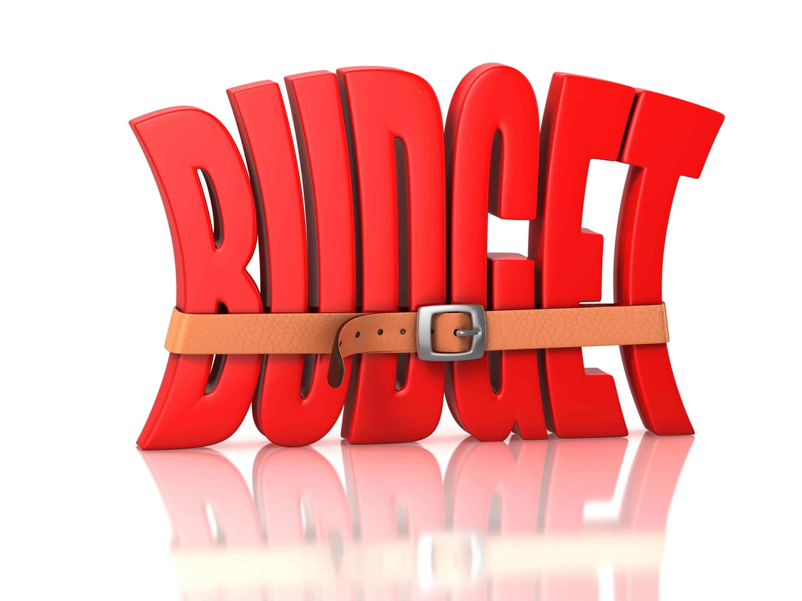 Red word "Budget" with a belt tightening around it.