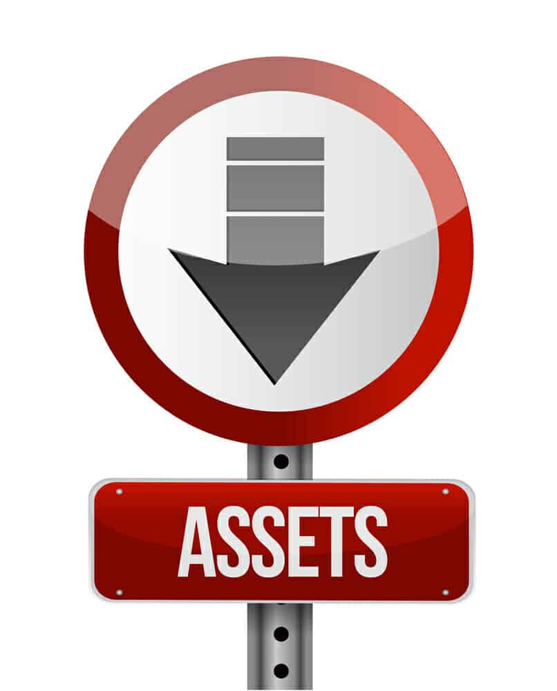 Red sign with the word "Assets" and an arrow pointing down.