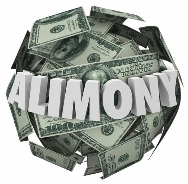 Alimony word in white 3d letters on a ball of money to illustrate spousal support