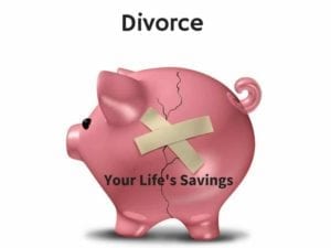 Broken piggy bank with the words "Your life's savings" on it, held together with masking tape illustrates how to get a divorce without breaking the bank.