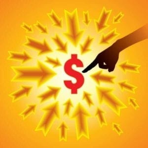Bright yellow arrows and a finger pointing to a red dollar sign showing divorce is expensive.