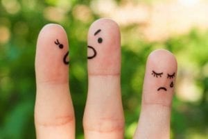 Fingers with faces on them showing divorced parents arguing, with sad child crying.