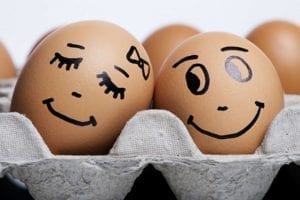 Brown male and female eggs in a carton leaning into each other - new love.