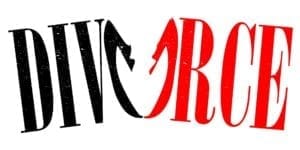 Word divorce in black and red letters, broken in the middle. No fault divorce