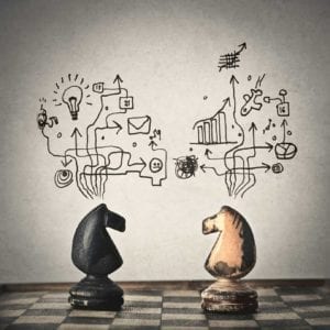 Two knights facing each other on a chess board with thought bubbles of moves in their heads.