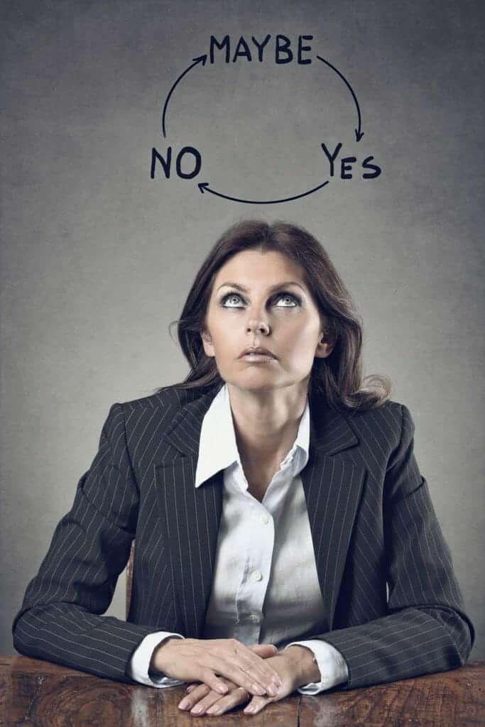 woman look at circle over her head: Yes, No, Maybe. Deciding to Divorce