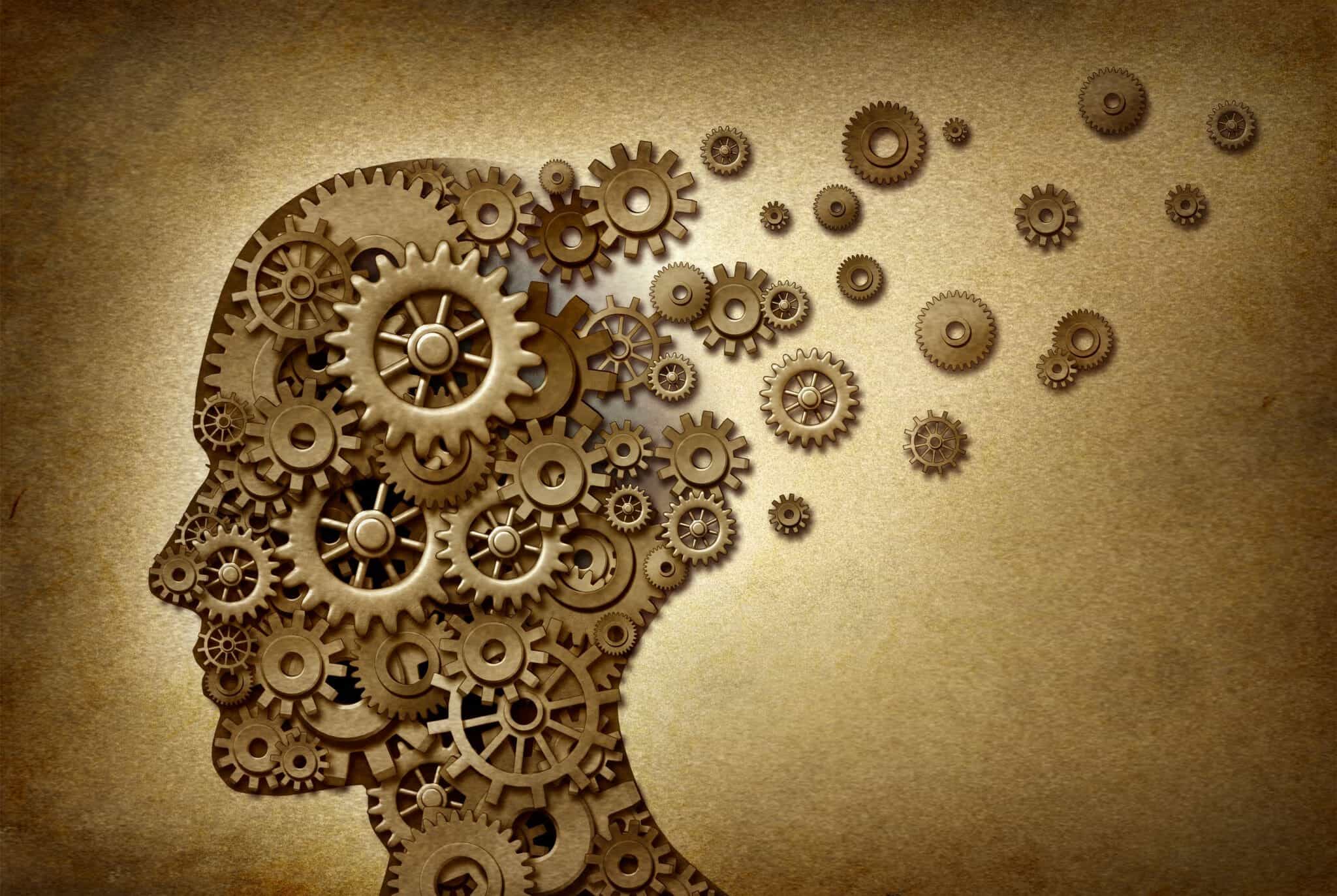 Picture of a head made from gears with a few coming off: Science of the Brain
