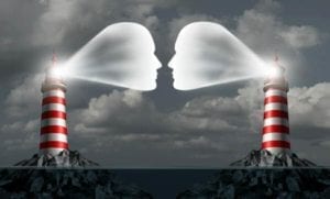 Lighthouses with faces streaming out showing idea of how to talk to your ex and communicate so that you hear each other.