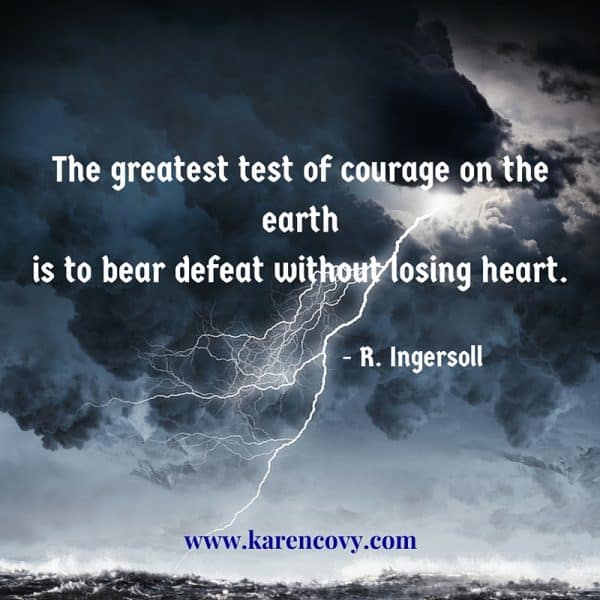 Lightning over raging ocean with quote: The greatest test of courange on the earth is to bear defeat without losing heart.
