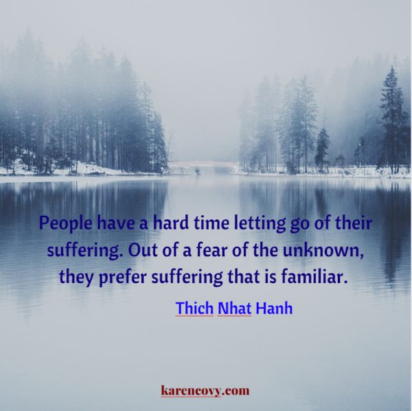 Winter picture with quote that people have a hard time letting go of suffering.