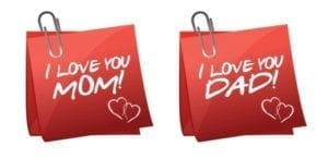 Sticky notes that say: "I love you Mom!" and "I love you Dad" show benefits of shared parenting.