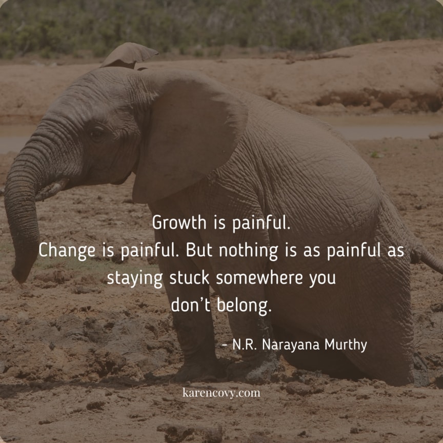 Picture of elephant stick n the mud with quote: "Growth is painful. Change is Painful. But nothing is as painfula s staying stuck somewhere you don't belong."