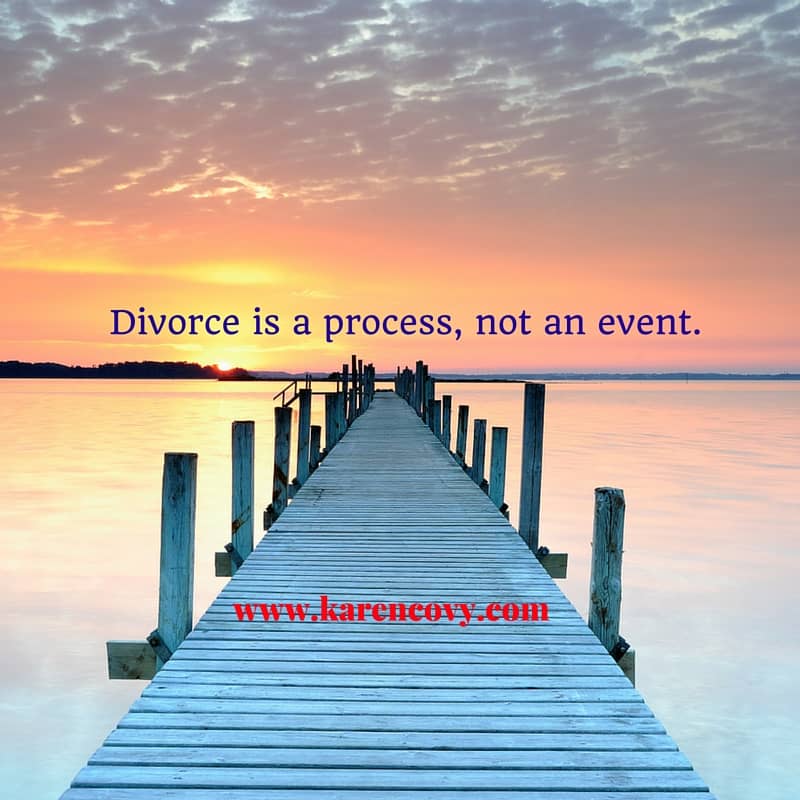 Dock at sunset with saying: Divorce is a process, not an event.