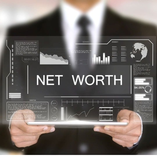 Business man showing holographic financial report with the words "Net Worth" on it.