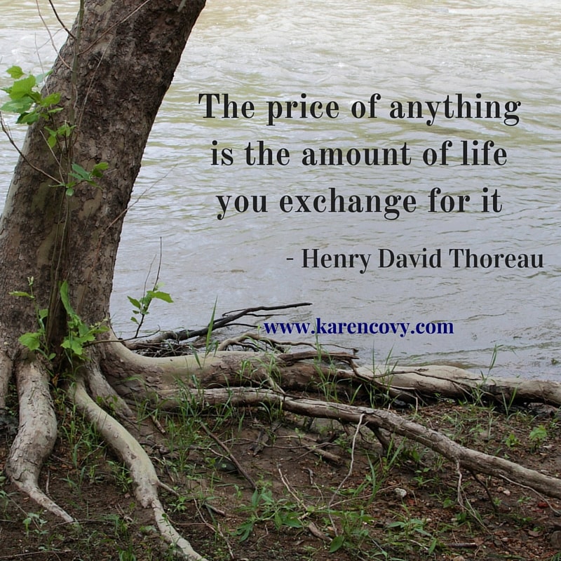 Picture of tree roots by a river with the Henry David Thoreau quote - "The price of anything is the amount of life you exchange for it."