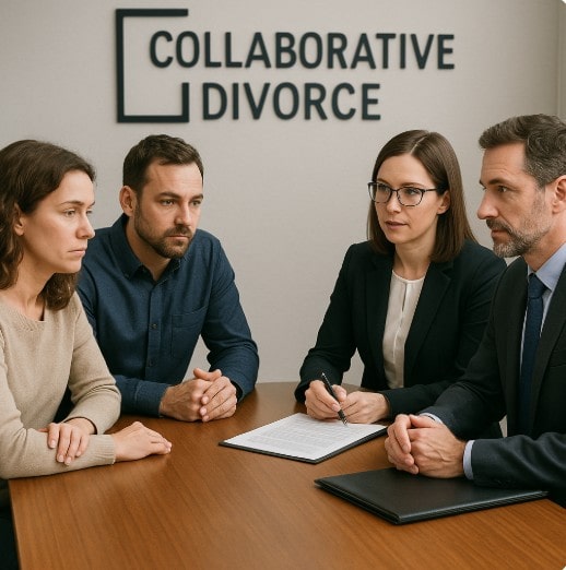Collaborative Divorce Process Meeting with 2 attornesy and a divorcing couple.